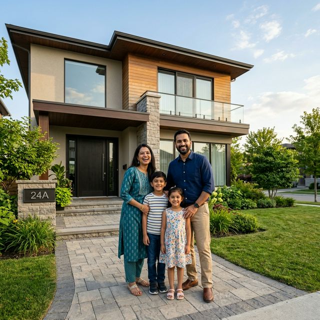 Happy family in front of their new home — Loan Sphere Hub Home Loan